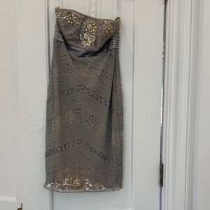 Sue Wong Strapless Dress in Gray with Gold Embellishments